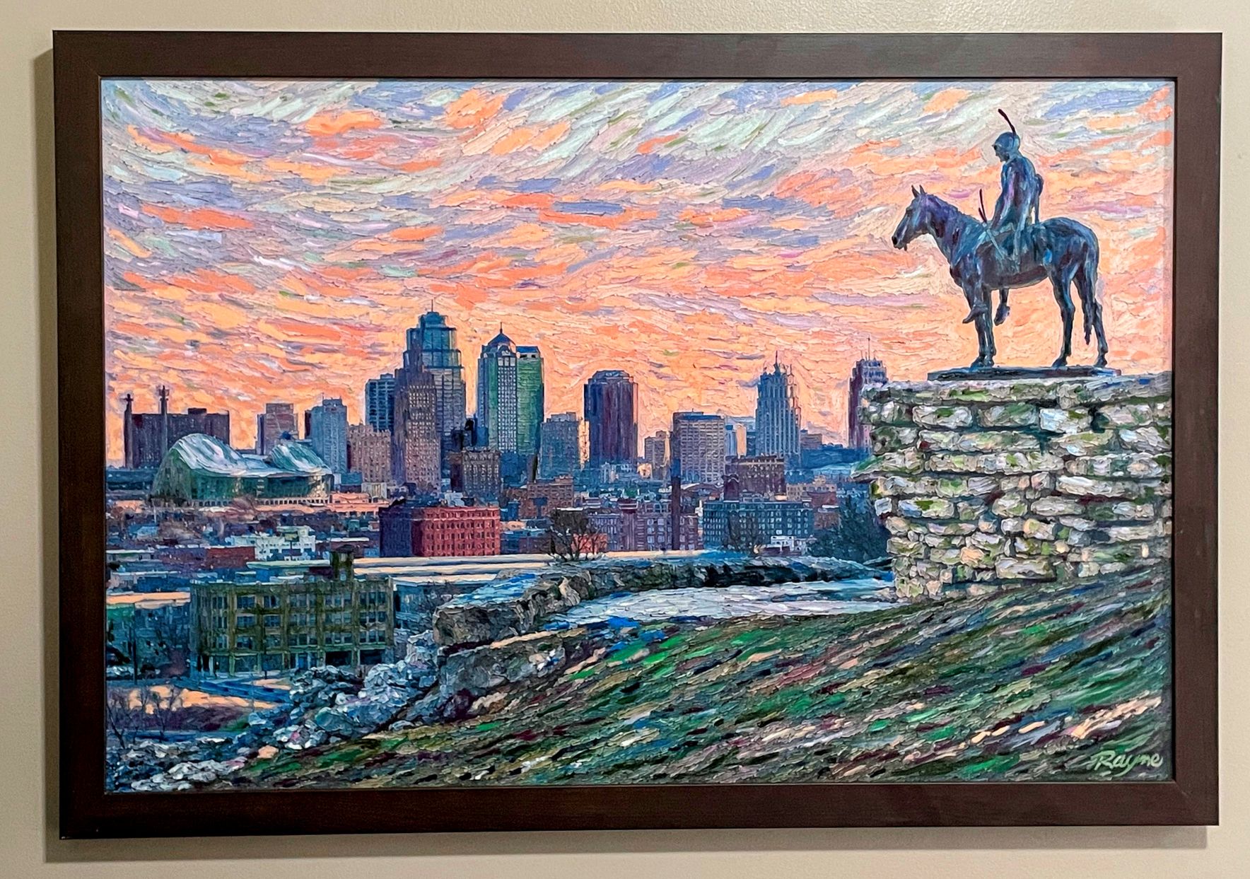 Oil painting of The Scout statue in Penn Valley Park with the Kansas City skyline